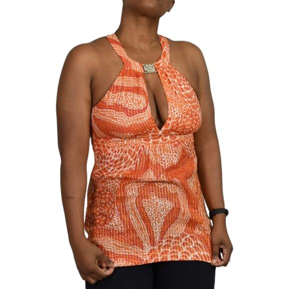 Trina Turk Halter Top Orange Metallic Tunic Keyhole Plunge Retro Y2K Size 6 - Picture 12 of 15